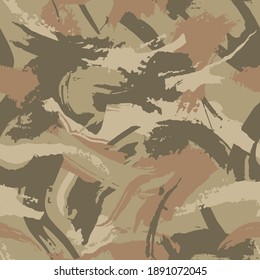 Grunge Texture With Dry Brush Strokes For Camouflage Clothing. Camo Textiles, Seamless Pattern. Desert Military Style. Vector Wallpaper 