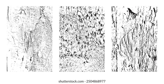 Conjunto de efectos de textura Grunge. Superposición angustiada texturizada áspera. Abstractas monocromo vintage. Colores negros aislados en el fondo blanco. Concepto de estilo grungy de Diseño gráfico para Anuncio, póster, volante, etc