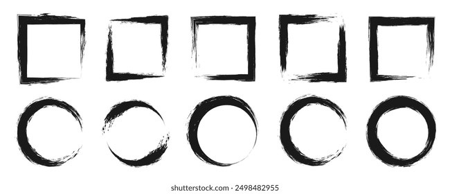 Grunge texture effect set. Grainy shape decoration. Abstract frames with distressed style. Black isolated on white background. Graphic design with rectangles and circles concept for poster, flyer, etc
