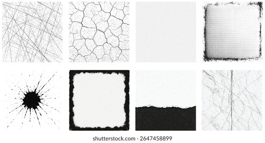 Grunge Texture Element Set – Black and White Crack, Scratch, Halftone, Splatter, Dust Overlay Vectors for Vintage Poster, T-Shirt, Retro Background, Abstract Noise and Distressed Design