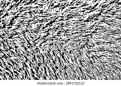 Grunge texture of a fleecy fabric with a long thick pile. Abstract monochrome background. Pile scattered carelessly in different directions. Vector illustration. Overlay template.