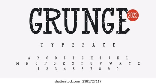Tipo de letra de textura gruesa. Alfabeto vectorial hecho a mano. Letras y números en mayúsculas de estilo de marca. Vectores. Tipo de letra de la estampilla de la masa