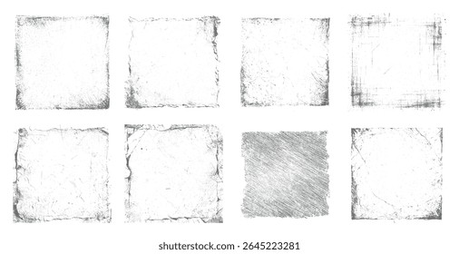 Coleção de molduras de textura Grunge com bordas quadradas angustiadas e bordas ásperas. Sobreposições abstratas com efeito vintage usado para cartazes, fundos de fotos e design de panfletos.
