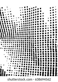 Grunge texture with halftone effect with uneven circles, squares, particles.  Distress background for create vintage, aging, futuristic, antiquity textures. Black and white.  Vector illustration