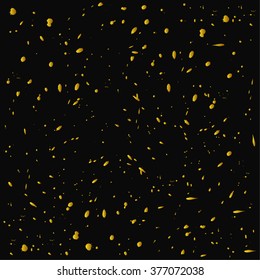 Grunge texture hand-made.Abstract ink drops background. Can be used for web pages, identity style, printing, textile, cards, etc.Splash vector pattern. Gold little spots and blots on black,drawn spray