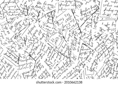 Grunge la textura del texto manuscrito con tinta en letra ilegible. Fragmentos de una hoja cubierta con texto manuscrito ilegible. Ilustración vectorial. Plantilla de superposición.
