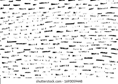 Grunge texture of horizontal short dashes. Monochrome background of unevenly colored black and white dashes. Vector illustration. Overlay template.
