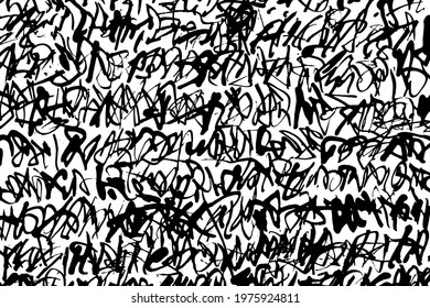 Grunge texture of illegible handwritten scribbles. Monochrome background of unreadable sloppy ink notes in the style of graffiti. Overlay template. Vector illustration