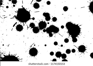Grunge texture of the ink-splattered surface. Monochrome background of black blots, splashes, dots and streaks. Overlay template. Vector illustration