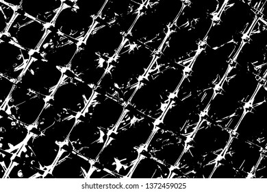 Grunge texture interrupted grid. Monochrome dark background of old damaged lattice with spots, noise and grit. Overlay template. Vector illustration
