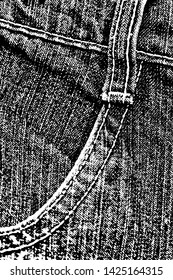 Grunge texture jeans with pocket and seams. Monochrome background of rough crumpled jeans with spots, noise and grit. Overlay template. Vector illustration