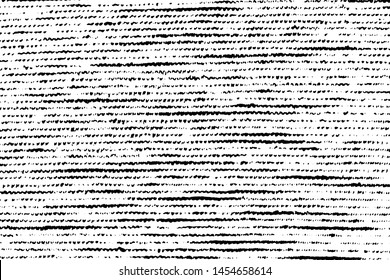 Grunge texture knitted fabric. Monochrome knit background with horizontal wavy stripes, spots, noise and grit. Overlay template. Vector illustration