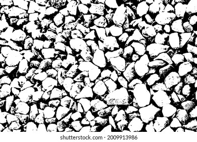 Grunge texture of large crushed stone. Monochrome background of a rocky surface with spots, noise and grain. Overlay template. Vector illustration