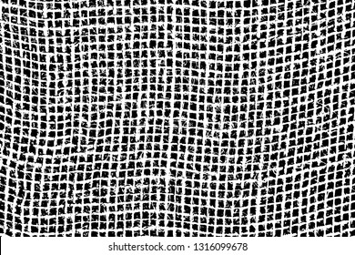 Grunge texture of natural burlap fibers on black background. Monochrome background of coarse fabric with large cells. Vector illustration