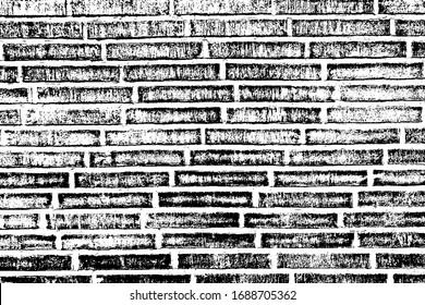 Grunge texture of old brickwork. Monochrome background of worn narrow bricks. Overlay template. Vector illustration