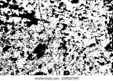Grunge texture of an old concrete wall. Monochrome background of dirty surface with chaotic spots, crack, rust and grit. Overlay template. Vector illustration
