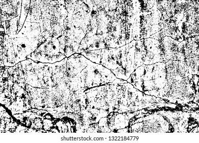 Grunge texture of old cracked concrete wall. Monochrome background of damaged dirty rough surface with spots and cracks. Overlay template to quickly create a grunge effect. Vector illustration