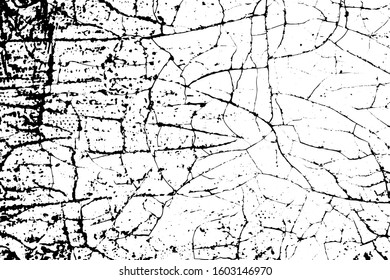 Grunge texture of an old cracked dirty surface. Monochrome background of a damaged rusty wall with a network of cracks, spots, noise and grit. Overlay template. Vector illustration