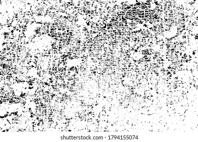 Grunge texture of an old cracked surface. Monochrome natural background of a distressed peeling wall with spots, cracks, noise and grain. Overlay template. Vector illustration