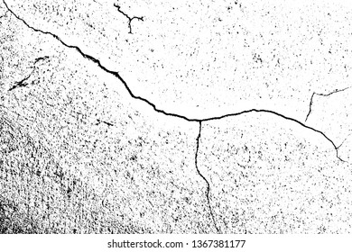 Grunge texture of old cracked wall. Monochrome background of damaged concrete surface with cracks, spots, noise and grit. Overlay template. Vector illustration