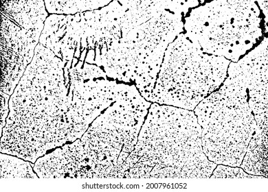 Grunge texture of an old cracked wall. Monochrome background of a damaged dirty surface with cracks, spots, noise and grain. Overlay template. Vector illustration