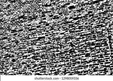 Grunge texture of old damaged brick wall. Monochrome background of destroyed ancient brick wall in perspective. Overlay template to quickly create a grunge effect. Vector illustration