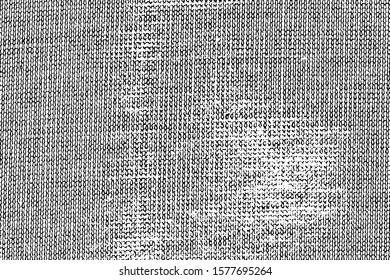 Grunge texture of old damaged fabric. Monochrome background of coarse cloth with damage, stains, noise and grit. Overlay template. Vector illustration