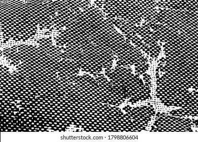Grunge texture of old damaged rough fabric. Monochrome background of the dark canvas of the tent with tears and scuffs. Overlay template. Vector illustration