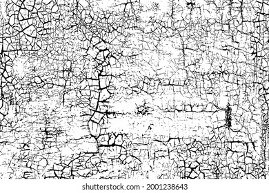 Textura gruesa de una vieja pared dañada con pequeñas grietas. Fondo urbano monocromo de una superficie agrietada con manchas, ruido y granulado. Plantilla de superposición. Ilustración del vector
