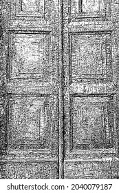 Grunge texture of an old door with a cracked painted surface. Monochrome background of uneven door leafs of the entrance gate. Overlay template. Vector illustration