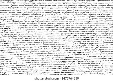 Grunge texture of old handwritten letter. Monochrome background of illegible sloppy handwriting. Ink hand-written manuscript. Overlay template. Vector illustration