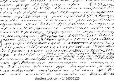 Grunge texture of old shabby handwritten notes. Monochrome background of illegible sloppy handwriting with numbers and calculations. Overlay template. Vector illustration