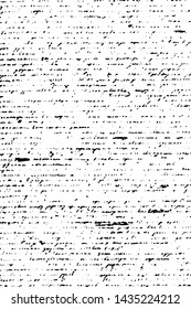 Grunge texture of old unreadable writing. Monochrome background of illegible handwriting with strikethrough words, spots and noise. Overlay template. Vector illustration