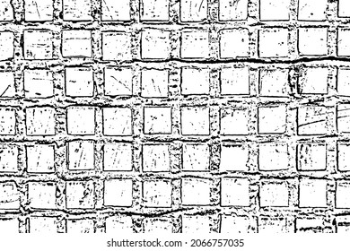 Textura gruesa de una pared antigua acabada con pequeños azulejos cuadrados. Fondo monocromo de un mosaico sobre una losa de hormigón con daños, manchas, arañazos y ruido. Plantilla de superposición. Ilustración del vector