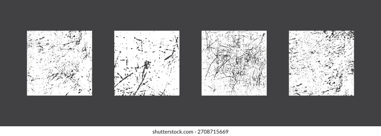 Conjunto de superposiciones de textura Grunge. Colección de fondos cuadrados afligidos con texturas rayadas, salpicadas y ásperas para un efecto vintage o un diseño fotográfico retro. Ilustración vectorial.