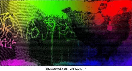 Grunge texture of a painted wall with a halftone effect. Horizontal dark background with graffiti, stains, scratches and neon gradient.