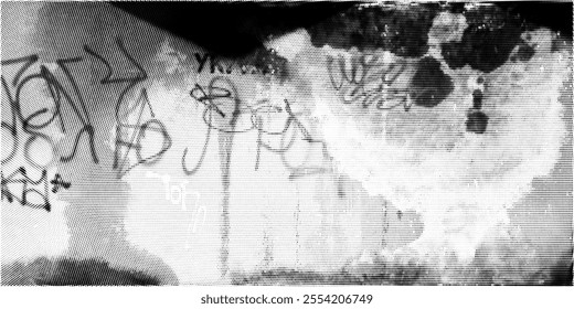 Grunge texture of a painted wall with a halftone effect. Horizontal monochrome background with graffiti, spots and drips.