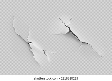 Grunge texture of peeling old paint, cracks in torn paper sheet. Break effect, fissure with ragged edges isolated on transparent background, vector realistic 3d illustration