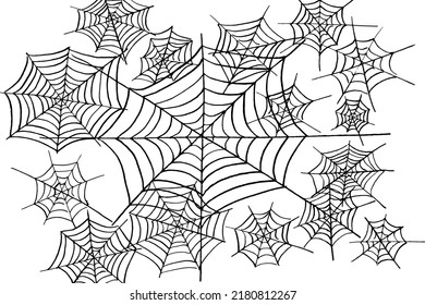 The grunge texture of the pencil drawing is cobwebs, cobwebs, a lot of cobwebs. Hand-drawn background with cobwebs. A gloomy background drawn by hand. Vector illustration. Overlay template.