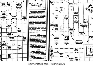 Grunge Textur einer gedruckten Seite einer Zeitung, Zeitschrift, Spalten von gedrucktem Text, Grafiken mit unleserlichem Text. Abstrakter, einfarbiger Hintergrund mit Schmutz, Tinte. Vektorgrafik. Vorlage überlagern.