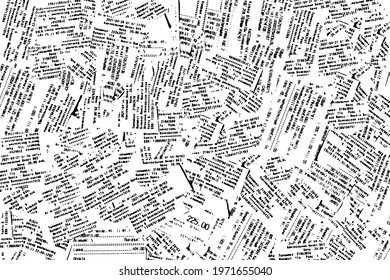 Grunge texture of printed text, receipts with prices. Abstract monochrome background. Vector illustration. Overlay Template.