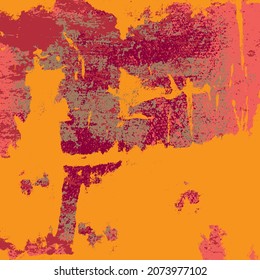 The grunge texture is red and yellow. Abstract color background. Vector template of a scratched colored board