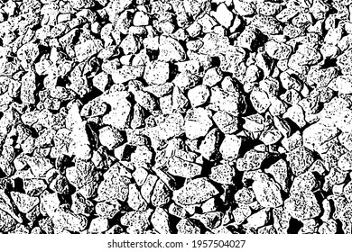 Grunge texture of a rocky surface. Monochrome background of chaotic stones with spots, noise and graininess. Overlay template. Vector illustration