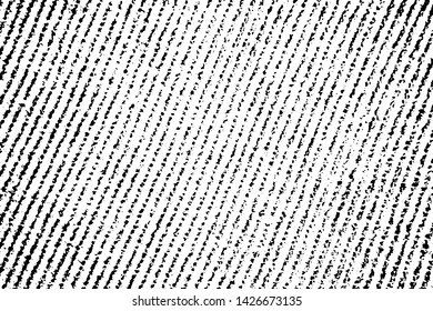 Grunge texture of rough ribbed fabric. Monochrome background of diagonal corduroy stripes with halftone and noise. Overlay template. Vector illustration
