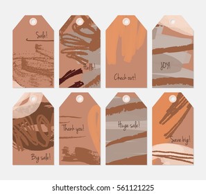 Grunge texture rough strokes floral sketch brown tag set.Creative universal gift tags.Hand drawn textures.Ethic tribal design.Ready to print sale labels Isolated on layer.