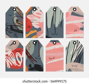Grunge texture rough strokes floral sketch gray pink tag set.Creative universal gift tags.Hand drawn textures.Ethic tribal design.Ready to print sale labels Isolated on layer.