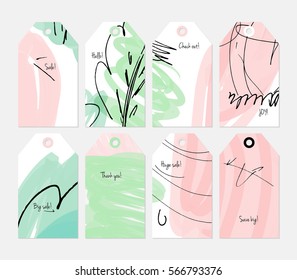 Grunge texture rough strokes floral sketch green pink tag set.Creative universal gift tags.Hand drawn textures.Ethic tribal design.Ready to print sale labels Isolated on layer.