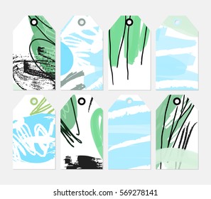 Grunge texture rough strokes floral sketch blue green tag set.Creative universal gift tags.Hand drawn textures.Ethic tribal design.Ready to print sale labels Isolated on layer.