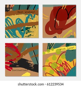 Grunge texture rough strokes red green yellow.Hand drawn creative invitation greeting cards. Poster, placard, design templates. Anniversary, Birthday, wedding, party cards set of 4. Isolated on layer.