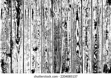 Grunge texture of rough wood surface. Wooden fence, black and white texture, shabby painting. An old wooden fence. Vector illustration. Overlay template.